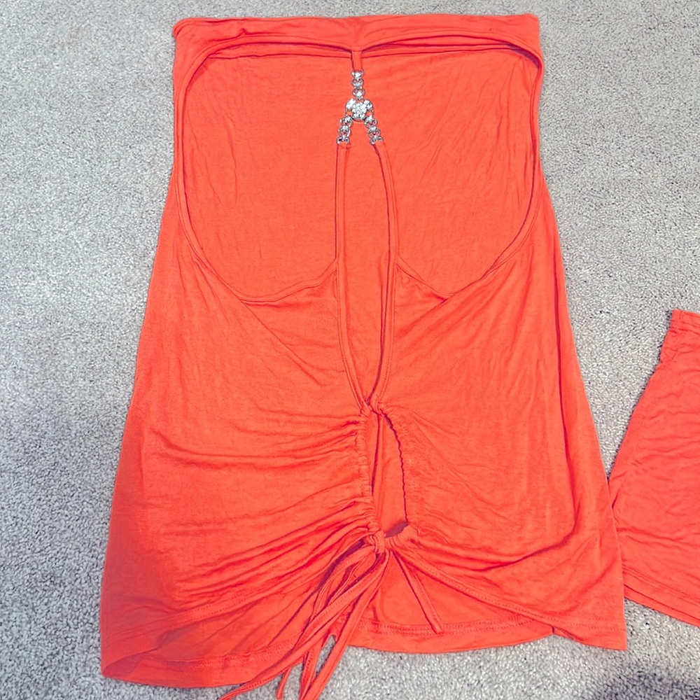 PattyBoutik Sz L Coral Sleeveless Halter Stretch Top with Rhinestone Back Detail